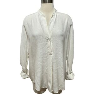 Vince Cream Textured Long-Sleeve Silk Split-Neck Blouse
